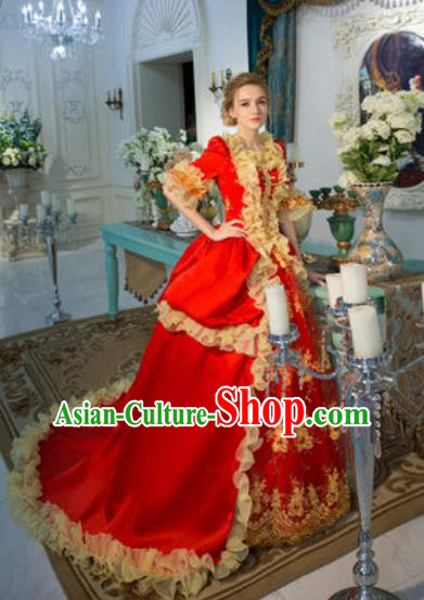 Top Western Drama Performance Red Trailing Full Dress Renaissance Style Garment Costume England Princess Formal Attire European Royal Clothing