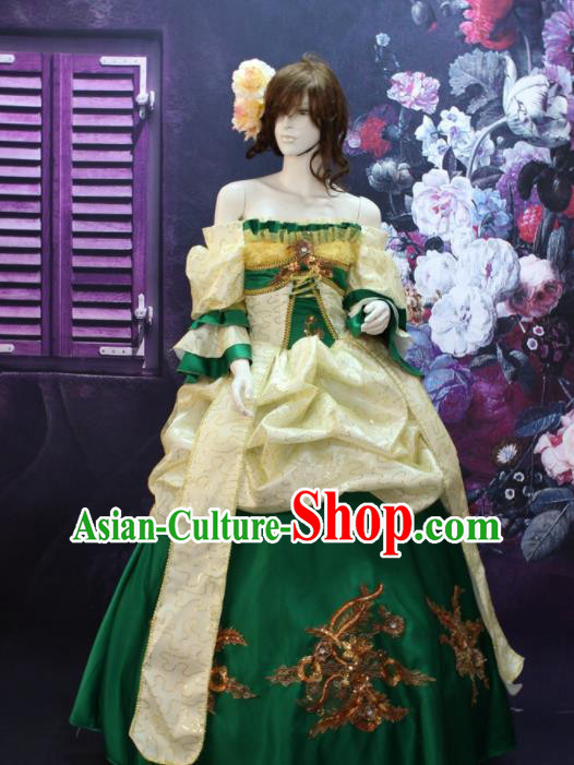 Top European Queen Clothing Western Drama Performance Green Satin Full Dress Christmas Ballroom Dance Garment Costume England Empress Formal Attire