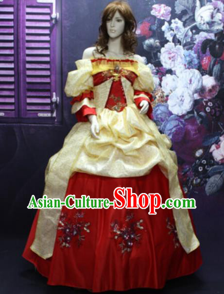 Top England Empress Formal Attire European Queen Clothing Western Drama Performance Red Satin Full Dress Christmas Ballroom Dance Garment Costume