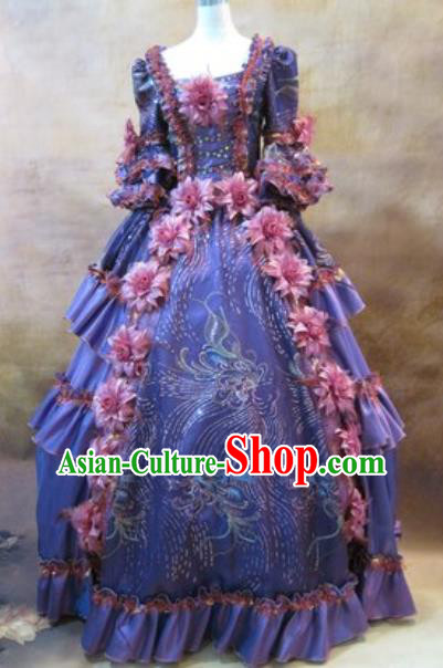 Top Christmas Ballroom Dance Formal Attire European Drama Clothing England Queen Blue Full Dress Western Renaissance Style Garment Costume