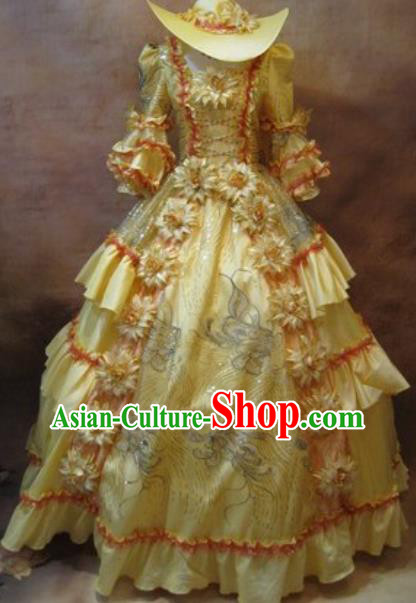 Top Western Renaissance Style Garment Costume Christmas Ballroom Dance Formal Attire European Drama Clothing England Queen Yellow Full Dress