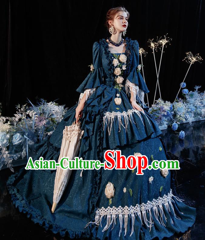 Top Western Court Garment Costume Christmas Dance Party Formal Attire European Princess Clothing French Drama Performance Navy Full Dress
