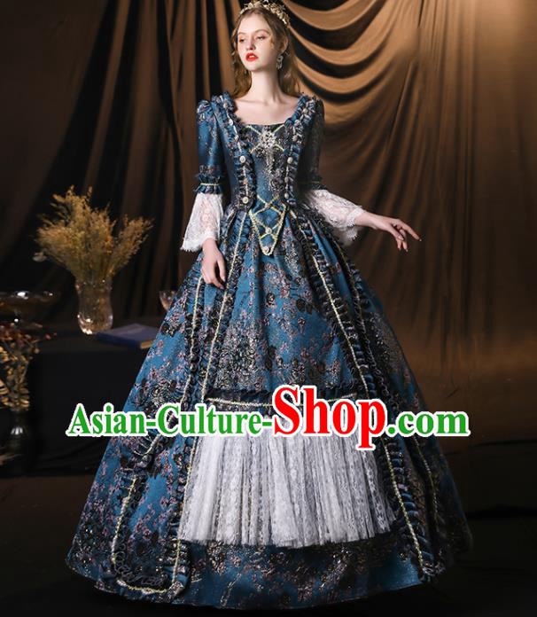 Top European Empress Clothing England Drama Performance Blue Full Dress Western Queen Garment Costume Christmas Dance Party Formal Attire