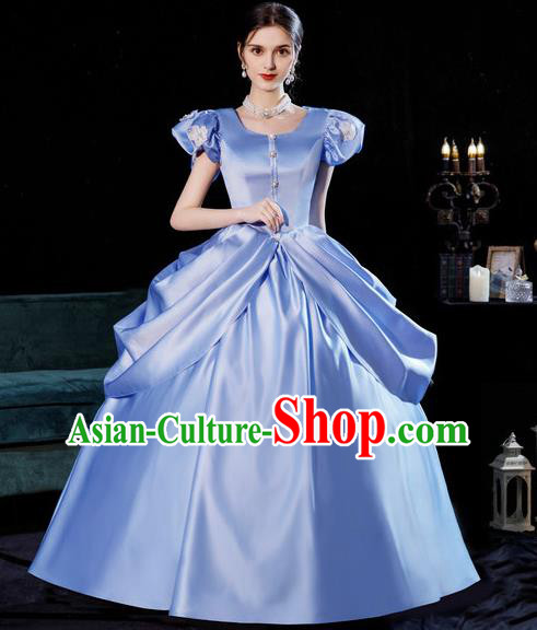Top European Court Princess Clothing England Royal Blue Full Dress Western Queen Garment Costume Christmas Ballroom Dance Formal Attire