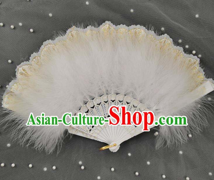 Handmade European Court Lady Fan Princess Fan Classical Dance White Feather Fan Baroque Queen Folding Fan