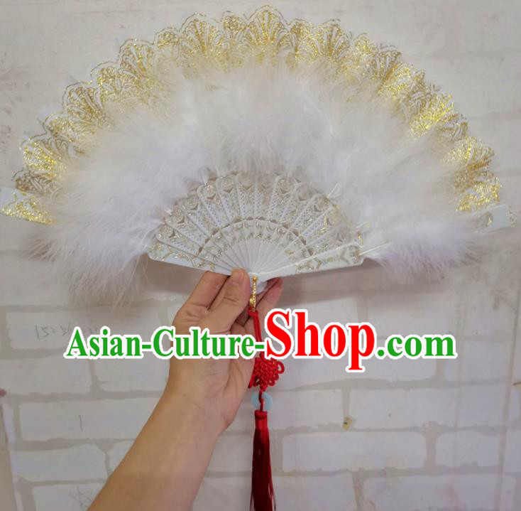 Chinese Martial Arts Performance Feather Fan Traditional Kung Fu Fan Handmade White Feather Lace Fans Folk Dance Folding Fan