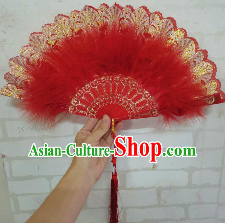 Chinese Folk Dance Folding Fan Martial Arts Performance Fan Traditional Kung Fu Fan Handmade Red Feather Lace Fans