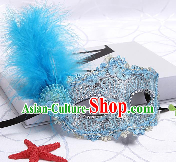 Handmade Masquerade Parade Prop Fancy Ball Mask Headgear Stage Performance Accessories Halloween Cosplay Blue Feather Face Mask