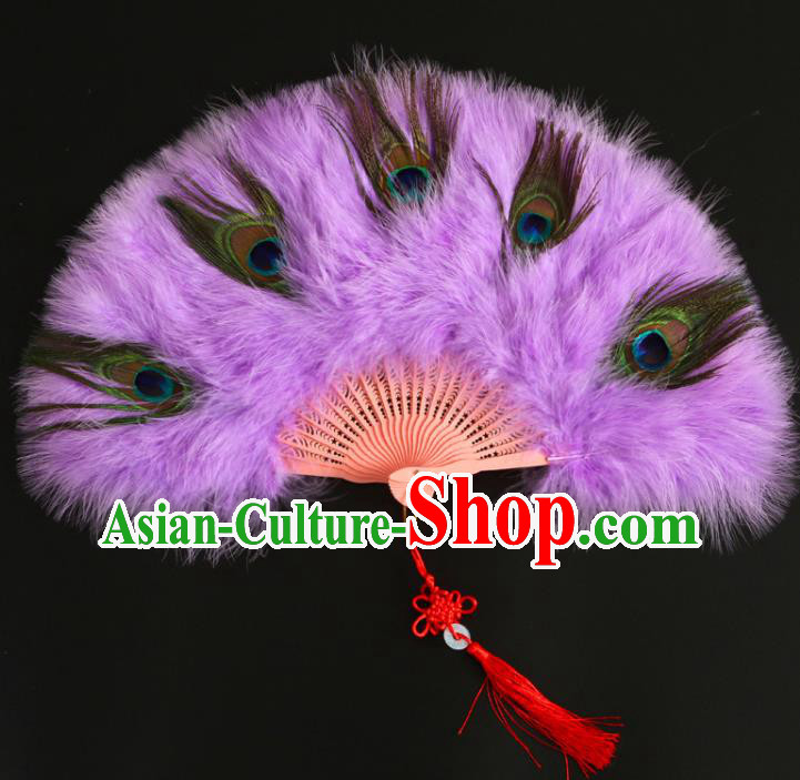Chinese Classical Dance Fan Cheongsam Show Fan Traditional Stage Performance Folding Fan Handmade Lilac Feather Fans
