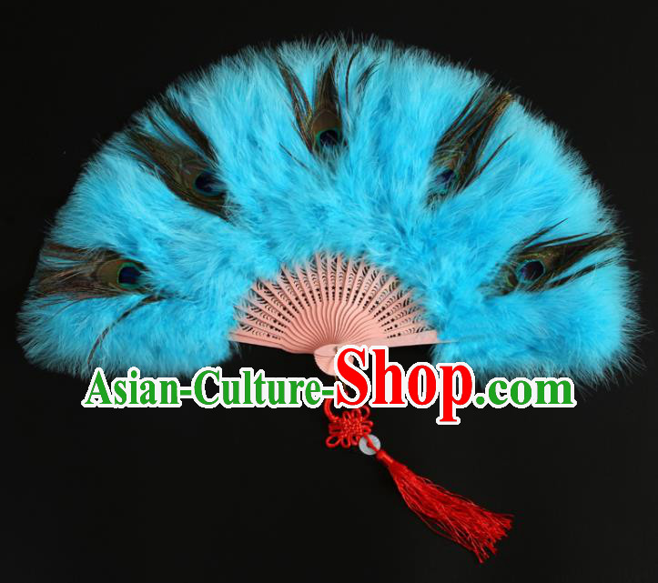 Chinese Handmade Light Blue Feather Fans Classical Dance Fan Cheongsam Show Fan Traditional Stage Performance Folding Fan