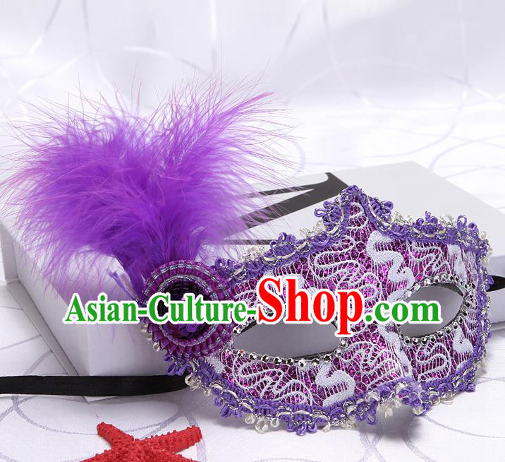 Handmade Halloween Fancy Ball Mask Stage Show Lace Accessories Cosplay Purple Feather Face Mask Masquerade Party Prop Headgear