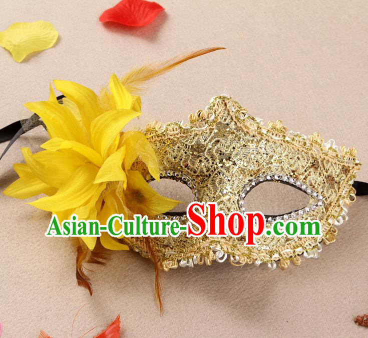 Handmade Masquerade Ball Headgear Halloween Dancing Party Lace Mask Stage Show Face Accessories Cosplay Performance Yellow Flower Face Mask