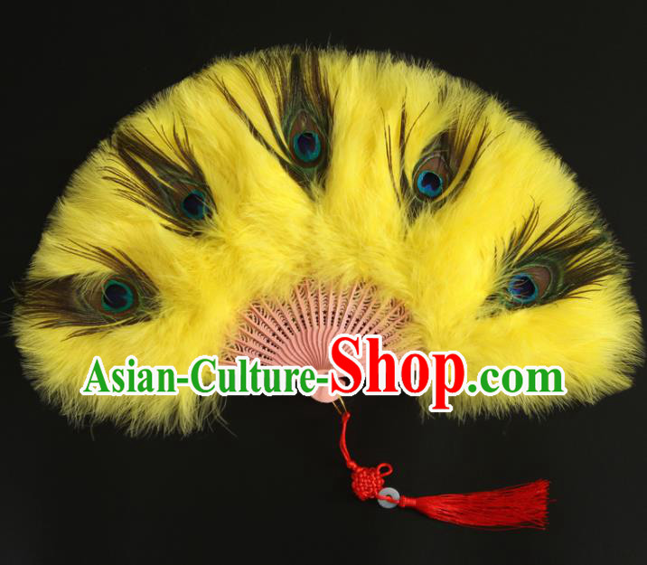 Chinese Traditional Stage Performance Folding Fan Handmade Yellow Feather Fans Classical Dance Fan Cheongsam Show Fan