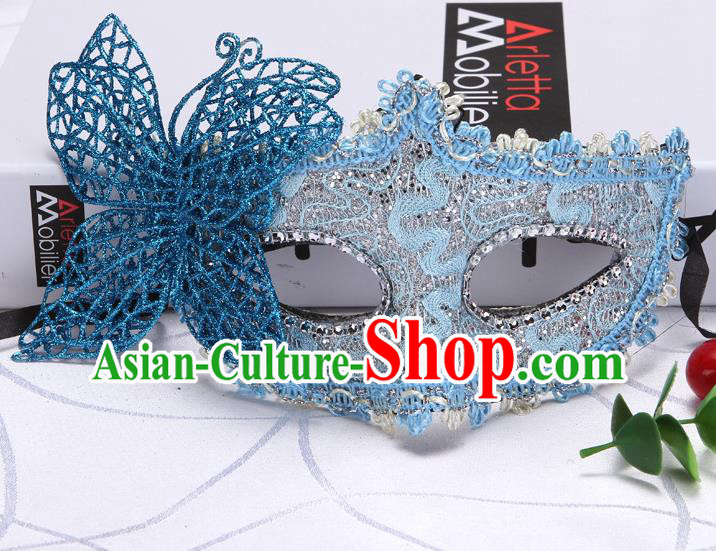Handmade Catwalks Blue Butterfly Mask Masquerade Fancy Ball Headwear Stage Show Lace Face Mask Halloween Cosplay Accessories