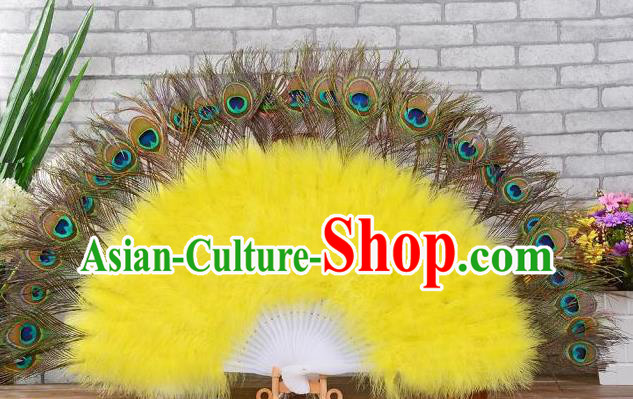 Top Opening Dance Yellow Villus Fan Belly Dance Folding Fan Halloween Cosplay Performance Fan Handmade Peacock Feathers Party Fan