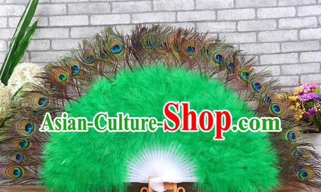 Top Handmade Peacock Feathers Fan Samba Dance Green Villus Fan Spanish Dance Folding Fan Stage Performance Fan
