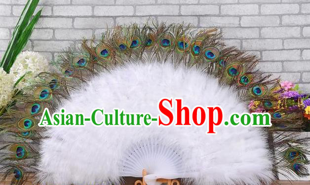 Top Stage Show White Villus Fan Belly Dance Folding Fan Samba Dance Peacock Feathers Fan Handmade Halloween Cosplay Party Fan