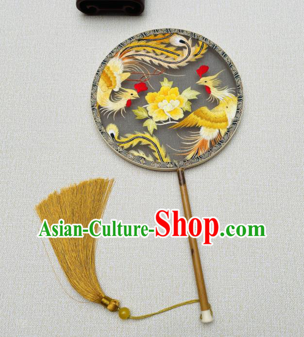 China Handmade Embroidered Circular Fan Suzhou Embroidery Phoenix Peony Fan Double Sides Black Silk Fan Traditional Hanfu Palace Fan