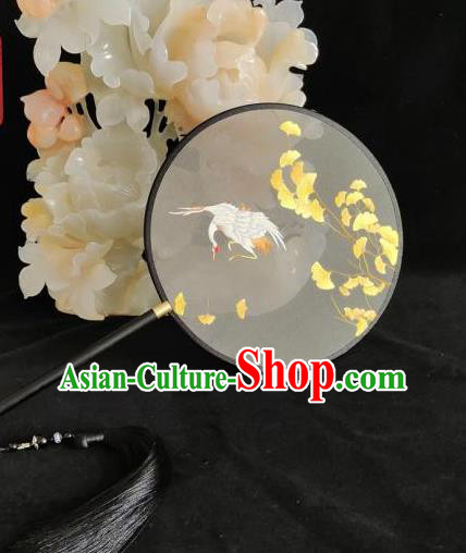 China Suzhou Embroidery Palace Fan Classical Embroidered Ginkgo Leaf Crane Fan Traditional Dance Fan Handmade Double Sides Silk Fan