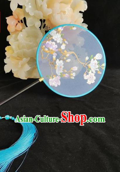 China Handmade Double Sides Silk Fan Suzhou Embroidery Palace Fan Classical Embroidered Mangnolia Fan Traditional Dance Fan