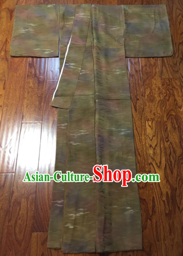 Japan Traditional Cloud Pattern Kimono Clothing Young Woman Wafuku Garment Costume Tokyo Khaki Yukata Dress
