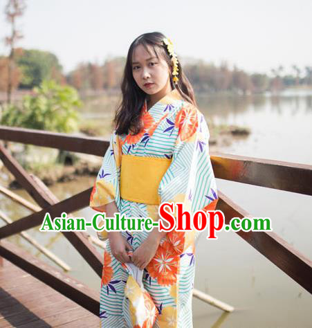 Japan Traditional Summer Festival Garment Costume Hanabi Taikai Printing Albizia Flower Yukata Dress Female Kimono