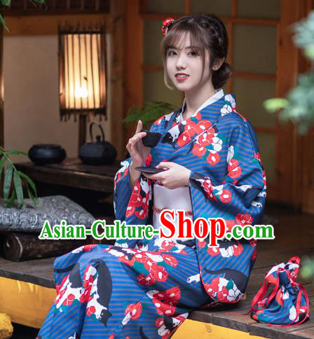 Japan Traditional Summer Festival Kimono Costume Hanabi Taikai Printing Blue Yukata Dress Young Lady Fashion Garment