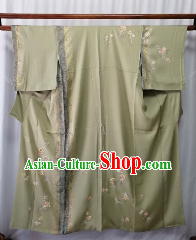Japan Traditional Green Silk Tsukesage Kimono Clothing Orthodox Garment Costume Court Woman Printing Flowers Yukata Dress