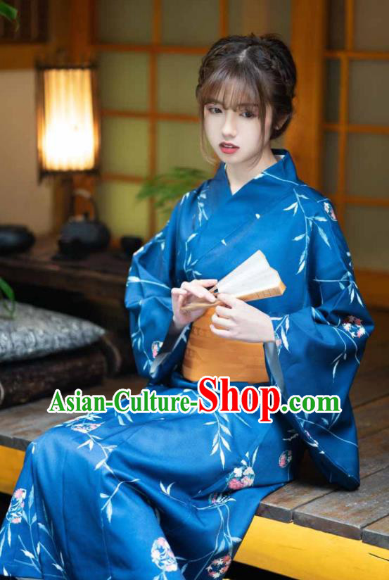 Japan Traditional Photography Kimono Costume Summer Festival Printing Maple Leaf Blue Yukata Dress Young Lady Hot Spring Fashion Garment