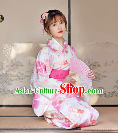 Japan Young Lady Stage Performance Fashion Garment Traditional Photography Kimono Costume Summer Festival Printing Sakura Yukata Dress
