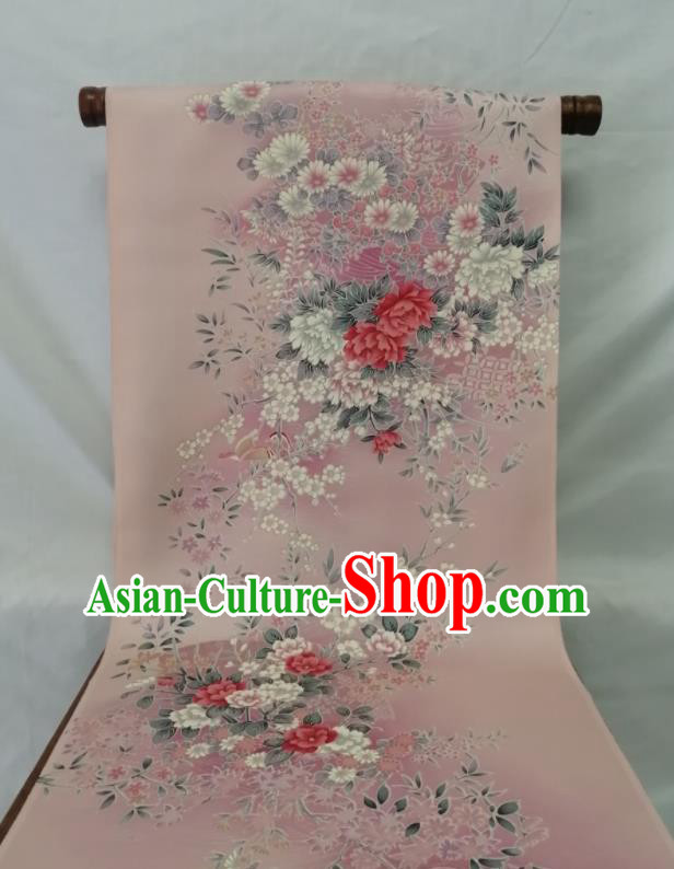 Japanese Classical Peony Pattern Waistband Material Women Kimono Dress Corset Accessories Traditional Yukata Belt Pink Silk Fabric