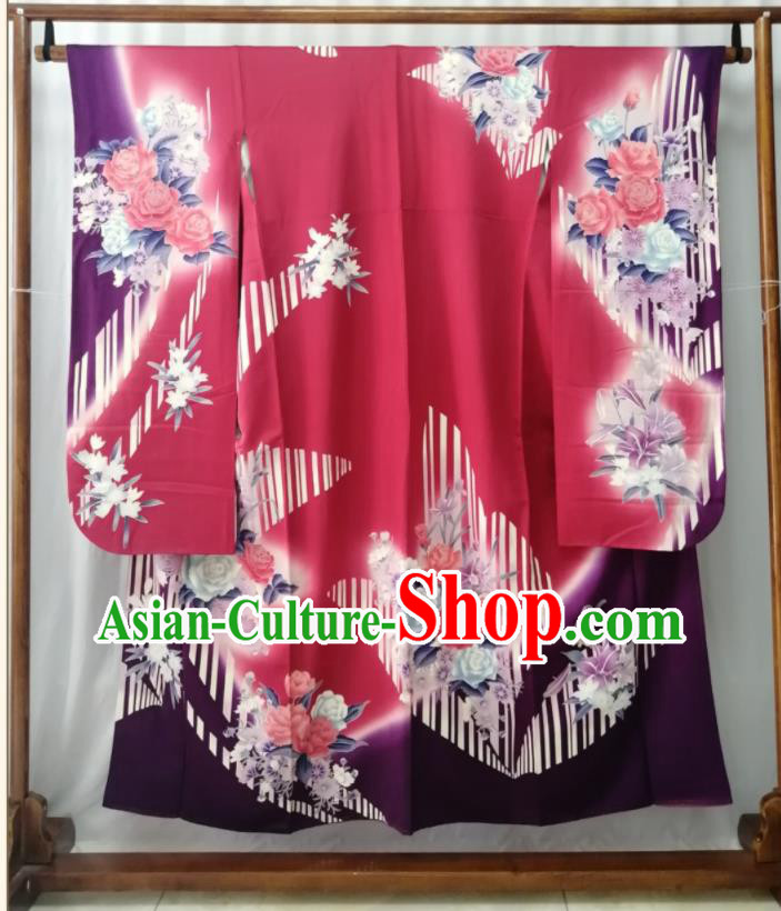 Japan Traditional Rose Pattern Furisode Kimono Clothing Court Woman Garment Costume Kyoto Rosy Yukata Dress