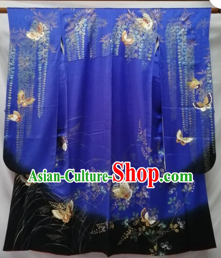 Japan Kyoto Royalblue Silk Yukata Dress Traditional Butterfly Pattern Furisode Kimono Clothing Empress Garment Costume