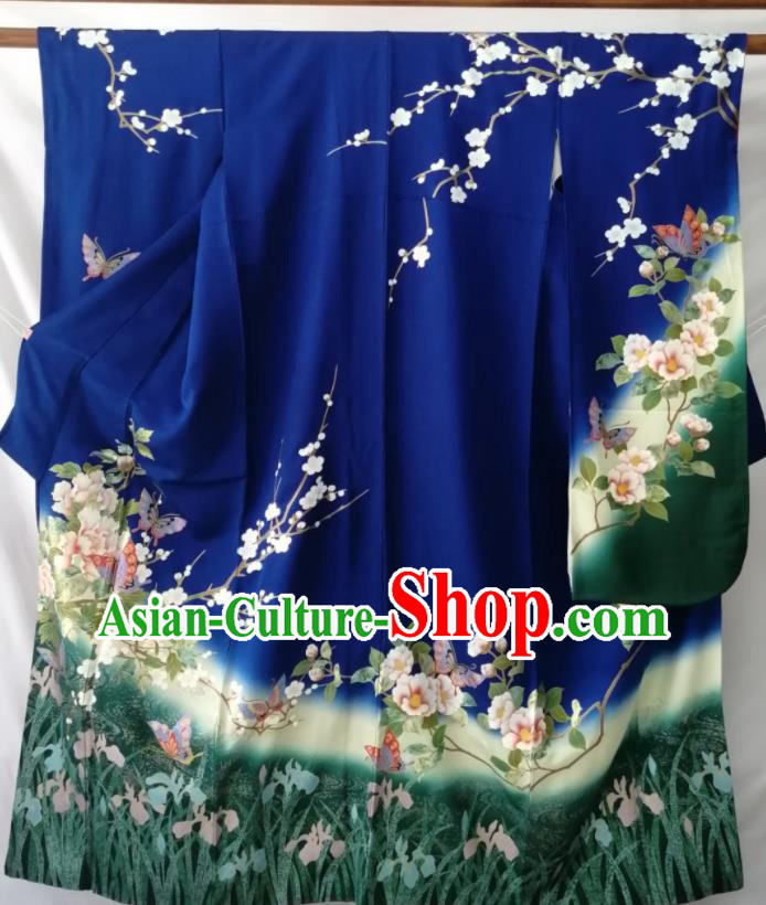 Japan Traditional Peony Plum Pattern Furisode Kimono Clothing Court Empress Garment Costume Kyoto Deep Blue Yukata Dress