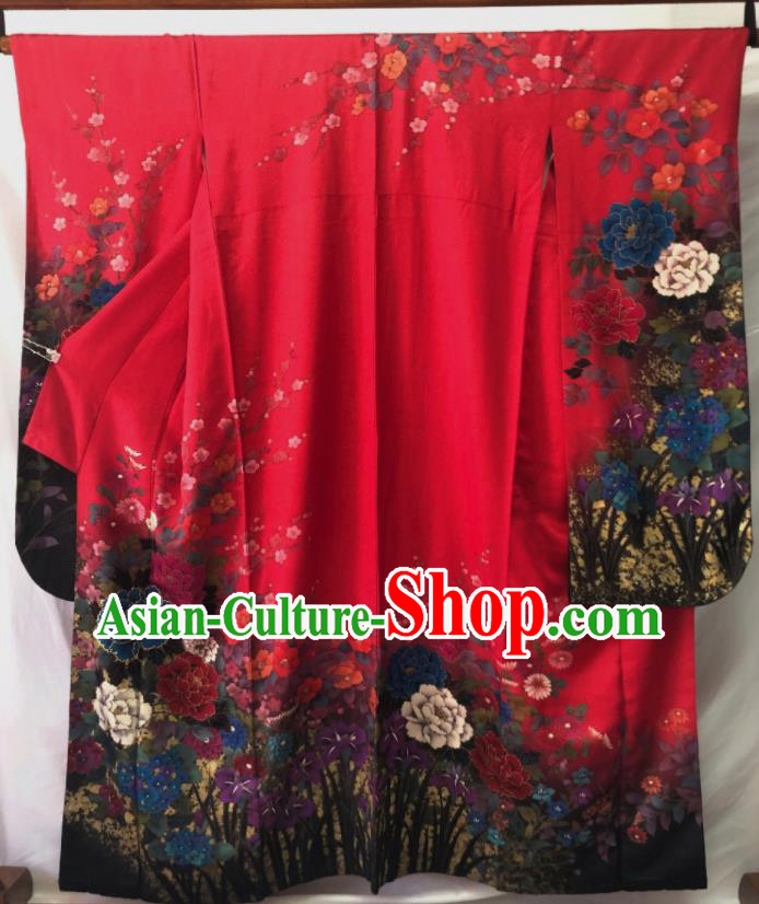 Japan Kyoto Wedding Red Yukata Dress Traditional Peony Pattern Furisode Kimono Clothing Court Empress Garment Costume