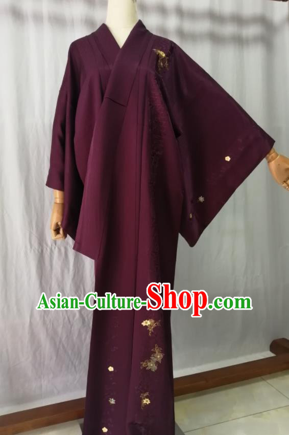 Japan Kyoto Purple Yukata Dress Traditional Tsukesage Kimono Clothing Orthodox Garment Costume