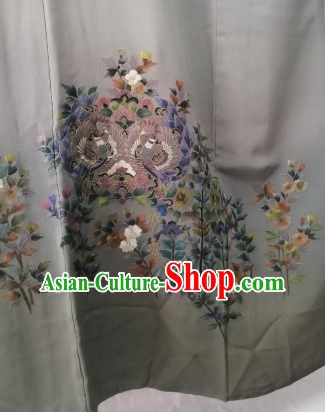 Japan Orthodox Garment Costume Kyoto Embroidered Grey Yukata Dress Traditional Tsukesage Kimono Clothing