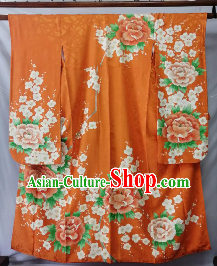 Japan Traditional Peony Pattern Furisode Kimono Clothing Court Woman Garment Costume Kyoto Orange Silk Yukata Dress