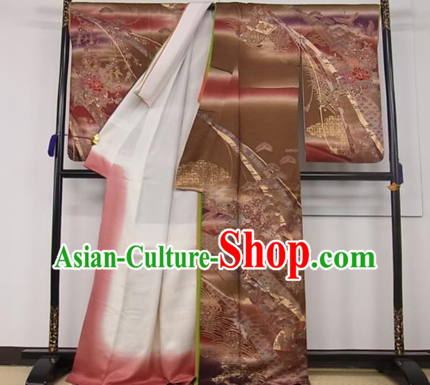 Japanese Male Homongi Kimono Clothing Traditional Brown Yukata Robe Royal Pattern Apparel
