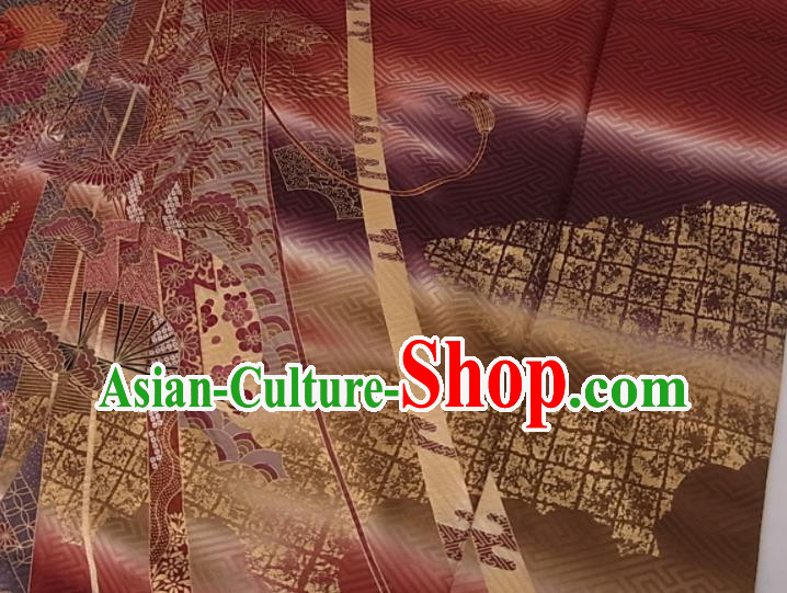 Japanese Male Homongi Kimono Clothing Traditional Brown Yukata Robe Royal Pattern Apparel