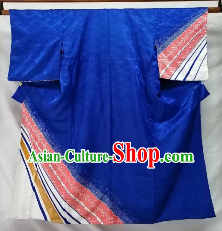 Japan Traditional Pattern Tsukesage Kimono Clothing Young Woman Garment Costume Kyoto Blue Silk Yukata Dress