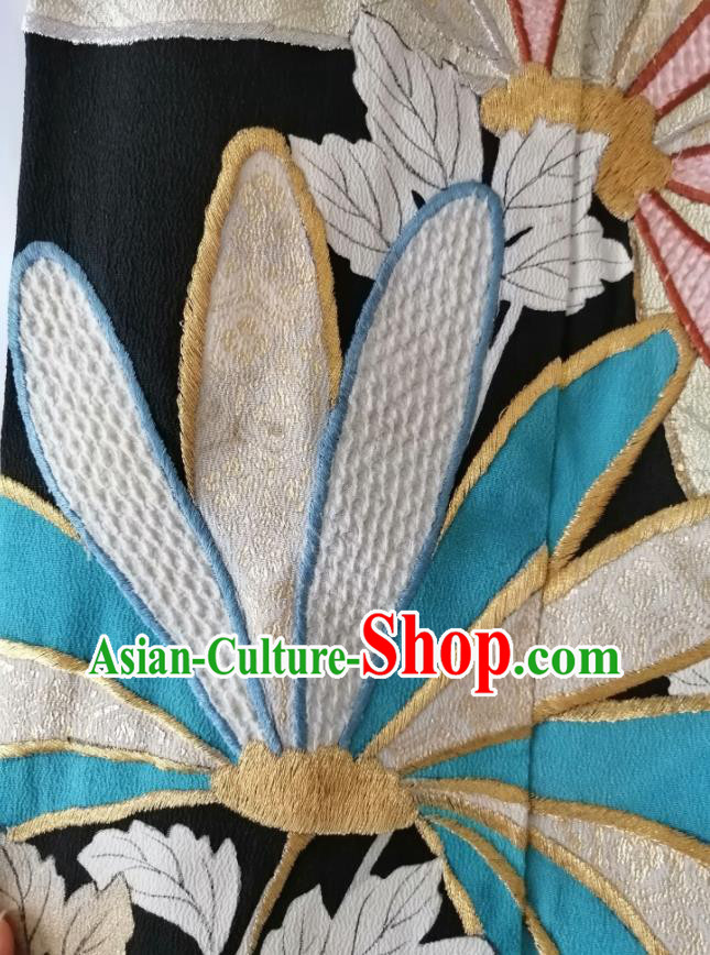 Japanese Royal Embroidered Pattern Apparel Male Kurotomesode Kimono Clothing Traditional Black Yukata Robe