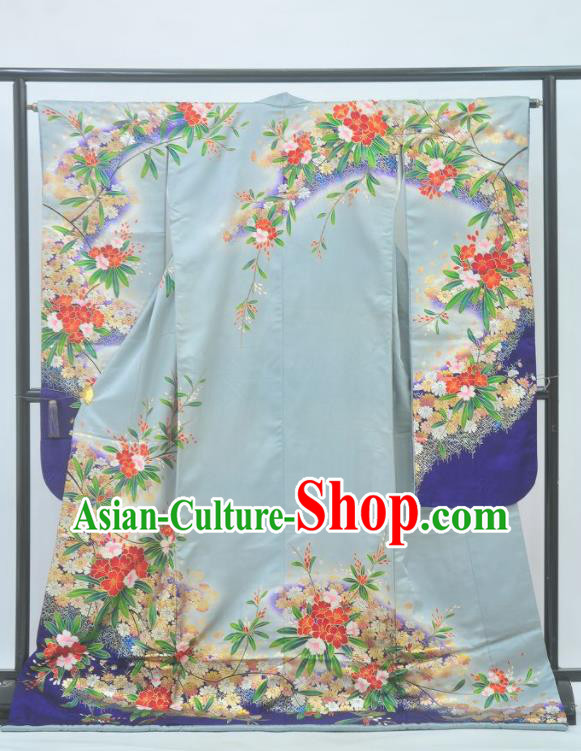 Japan Royal Empress Wafuku Garment Costume Tokyo Light Blue Silk Yukata Dress Traditional Flowers Pattern Furisode Kimono Clothing