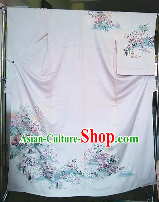 Japan Young Woman Wafuku Garment Costume Tokyo Beige Yukata Dress Traditional Landscape Pattern Homongi Kimono Clothing
