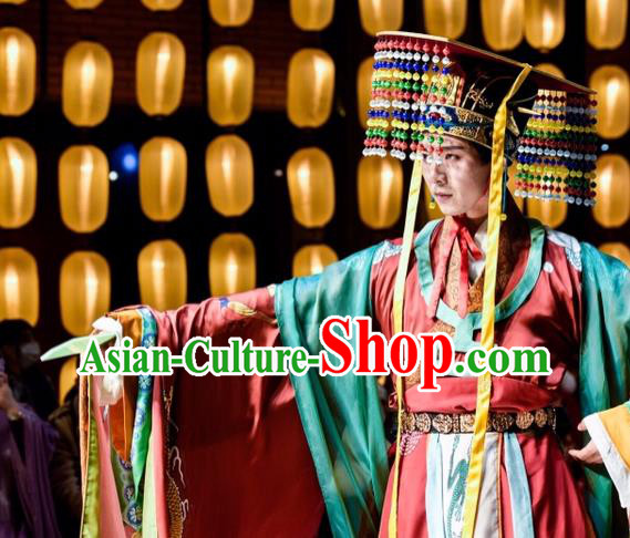 China Ancient Immortality Emperor Historical Clothing Qin Dynasty King Garment Costumes Traditional Dunhuang Mural Hanfu Attires Complete Set