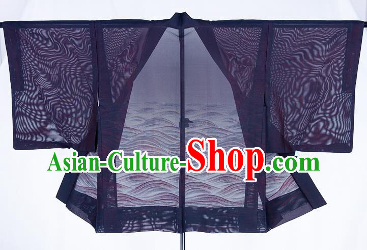 Japanese Traditional Kimono Overcoat Jacket Classical Waves Pattern Navy Silk Apparel Male Haori Outer Garment Clothing