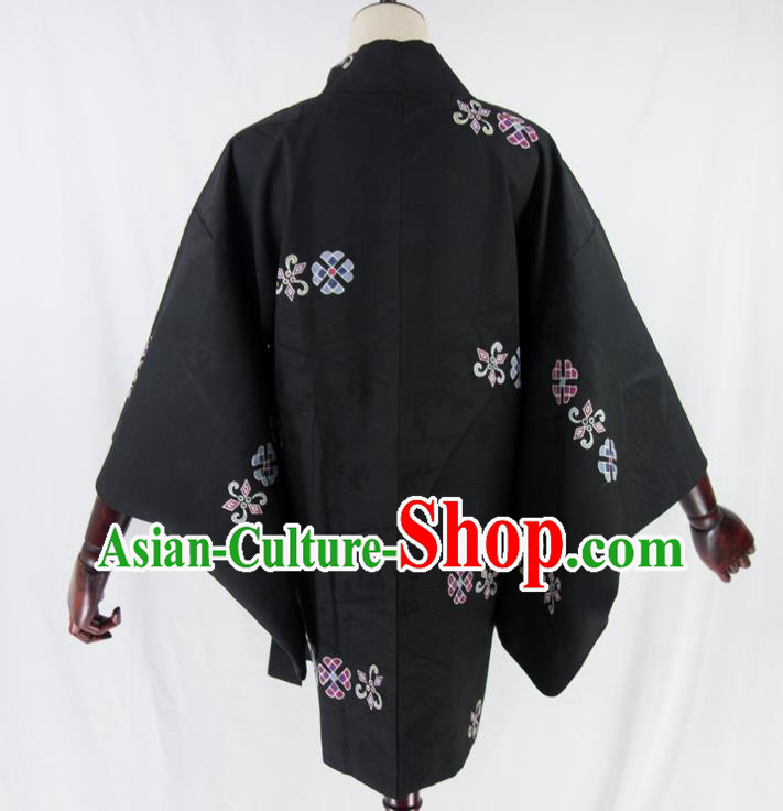 Japanese Male Embroidered Haori Jacket Clothing Traditional Kimono Outer Garment Classical Sakura Pattern Black Silk Overcoat Apparel