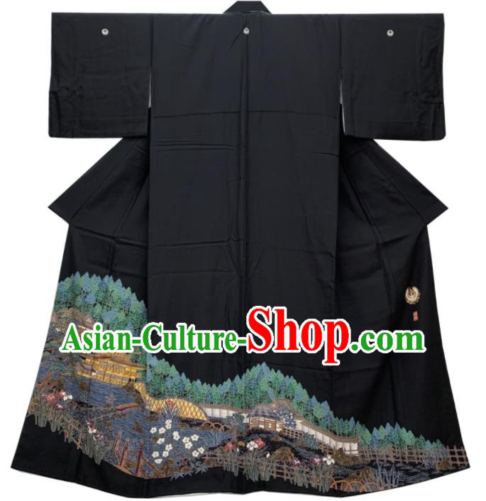Japan Classical Landscape Pattern Kurotomesode Kimono Clothing Elderly Woman Garment Costume Traditional Printing Black Yukata Dress