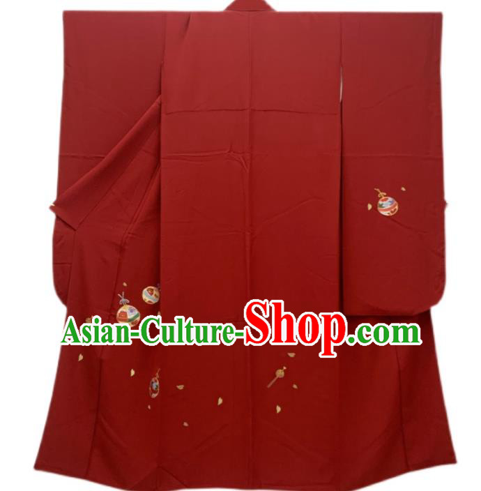 Japan Wedding Garment Costume Traditional Bride Red Yukata Dress Classical Bells Pattern Furisode Kimono Clothing