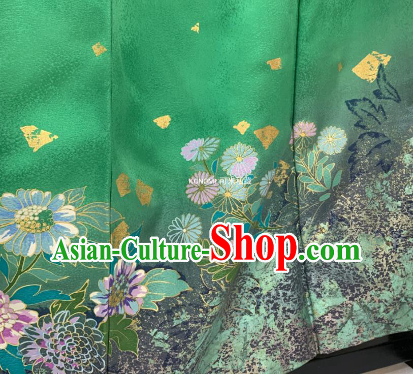 Japan Classical Daisy Pattern Furisode Kimono Clothing Wedding Garment Costume Traditional Bride Green Yukata Dress